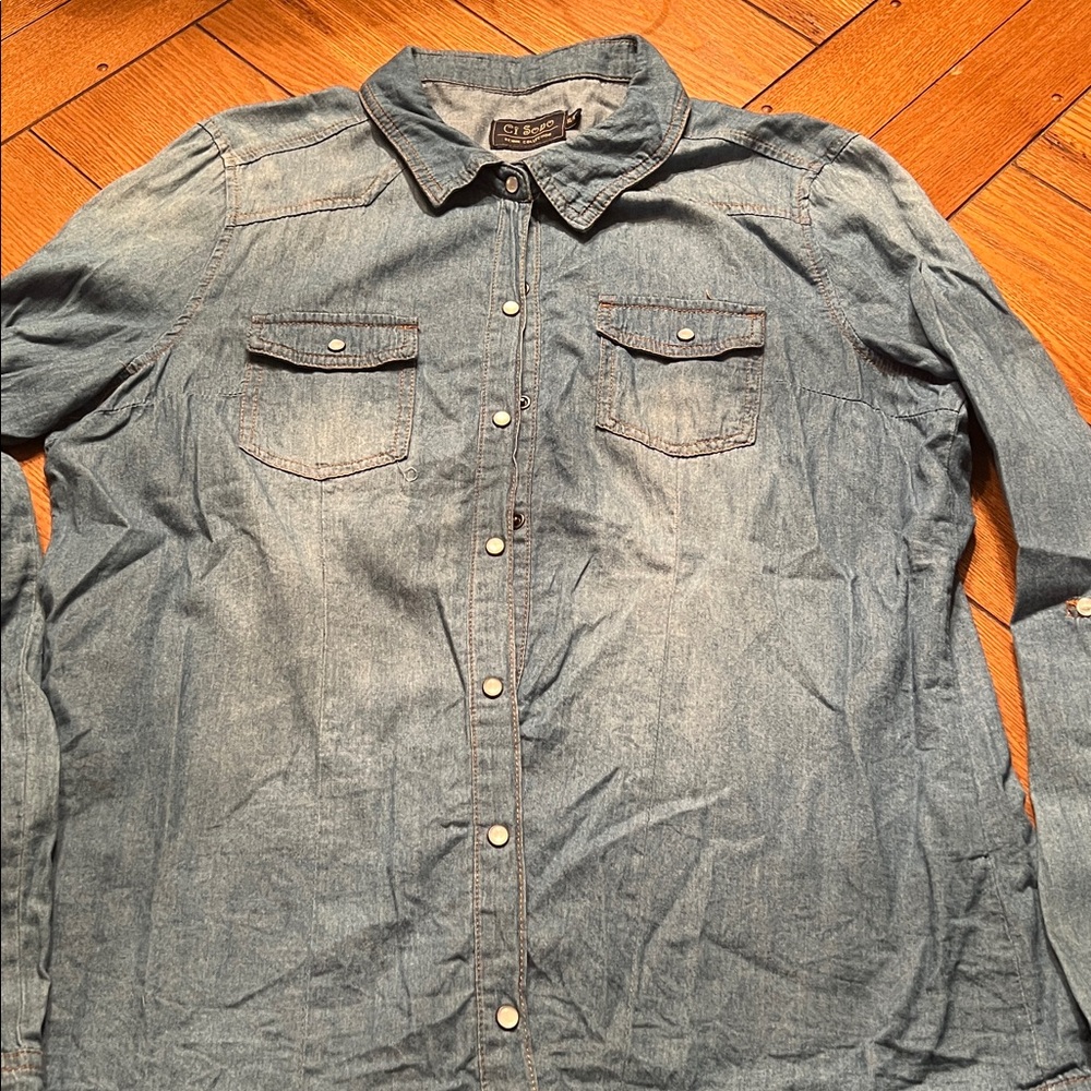 Unworn Ci Sono Women’s Pearl Snap Cotton Blue Denim Shirt Medium Wash Size XL